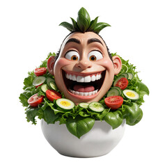 A happy cartoon man's face is surrounded by a fresh salad in a white bowl.  The image is a 3D rendering against a cutout background.