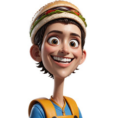 Closeup of a cheerful cartoon boy wearing a burger as a hat.
