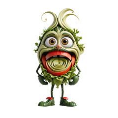 A cheerful 3D-rendered cartoon character made of various vegetables, primarily lettuce and tomato.