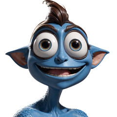Closeup portrait of a smiling, blue, fantasy creature with large eyes and pointed ears.  Cutout image.