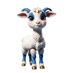 A cute, cartoonish 3D rendering of a fluffy white goat with blue horns and hooves.
