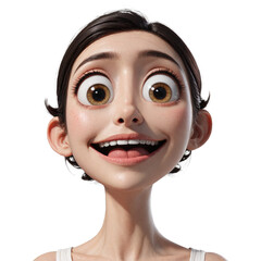 Close-up of a happy cartoon girl with large eyes and a wide smile.