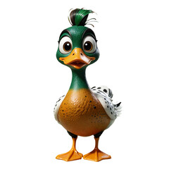 Cute cartoon duck with green head and orange body, 3D render on cut out background.