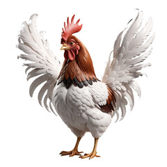 A detailed close-up of a rooster with white and brown feathers, wings spread wide, against a cut out background.