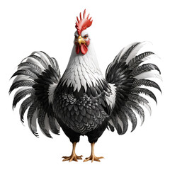A detailed close-up image of a black and white rooster, cut out against a black background.