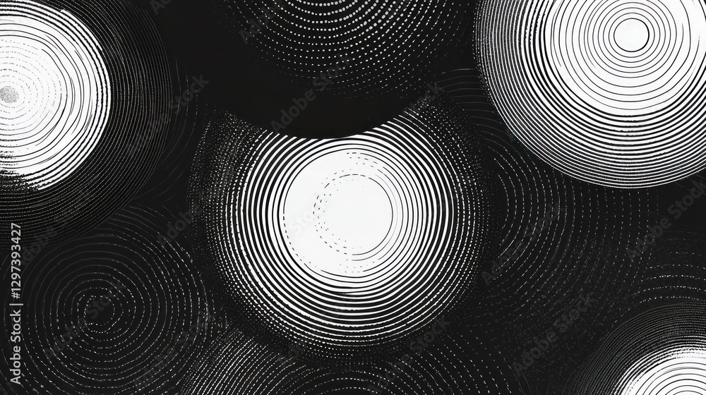 Poster abstract black and white circular patterns on dark background