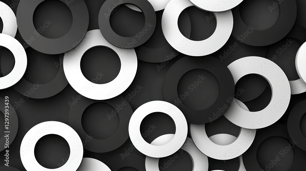 Poster abstract pattern of overlapping black and white circular shapes