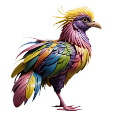 A vibrant, rainbow-colored bird with ornate feathers is depicted in a profile view against a cut out background.
