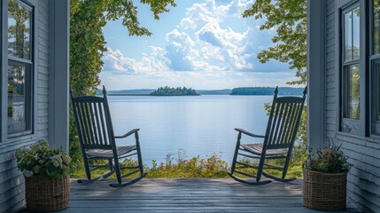 Lakeside porch rocking chairs, summer view