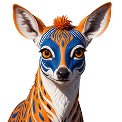 Closeup portrait of a stylized deer with vibrant orange and blue paint patterns on its fur.