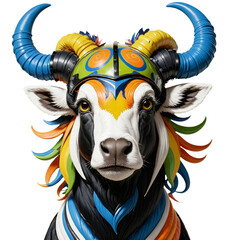 Closeup of a vibrant, colorful bull head wearing a helmet, against a cut out background.