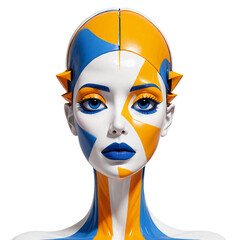 Close-up portrait of a stylized female model with geometric makeup in blue, orange and white.  Cut out background.