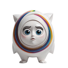 Close-up of a cute, whimsical white figurine with rainbow details and large expressive blue eyes. The figurine is set against a cut out background.