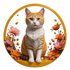 An orange tabby cat sits amidst a vibrant floral arrangement in a yellow circle, creating a beautiful and artistic composition.