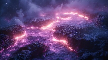Obraz premium Otherworldly landscape, glowing lava, starry night, use for sci-fi, fantasy backgrounds