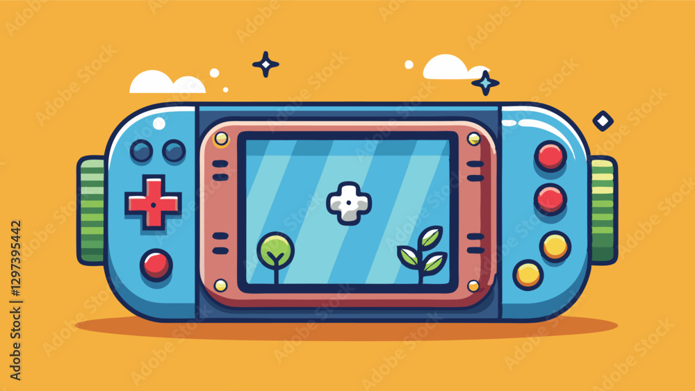 Poster colorful vector illustration of a handheld gaming console set against a playful background with clou
