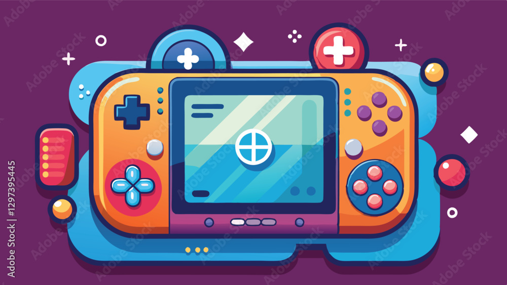 Poster colorful vector illustration of a handheld gaming console set against a playful background with clou