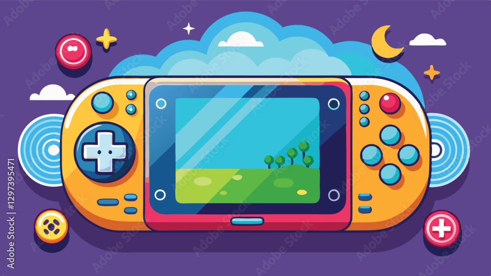 Poster colorful vector illustration of a handheld gaming console set against a playful background with clou