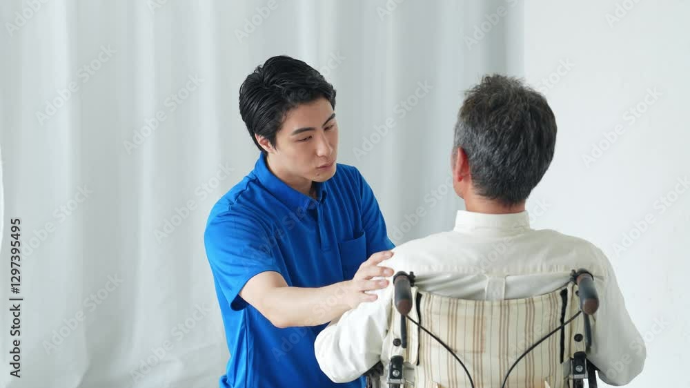 Poster 男性、シニア、介護福祉士、介護、車いす、老人、患者、車椅子、障害、介護士、サポート、支援、スタッフ、デイサービス、ヘルパー、ホームヘルパー、日本人、高齢者、お年寄り、リハビリ、真心、笑顔、介助、優しさ、訪問、障がい者、老人ホーム、介護施設、仕事、アルバイト、ウェルネス、理学療法士、病院、治療、診療、安心、サービス、コピースペース、医療、マッサージ、リハビリテーション、福祉、ヘルスケア、職員、見守り