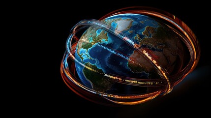 Vibrant 3D representation of Earth surrounded by glowing orbits, symbolizing global connectivity