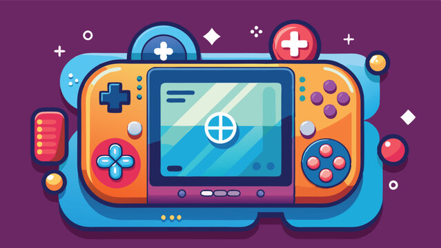 Colorful vector illustration of a handheld gaming console set against a playful background with clouds and trees