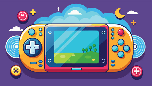 Colorful vector illustration of a handheld gaming console set against a playful background with clouds and trees