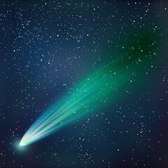 A comet with a green tail against a starry background, a mysterious and centered composition featuring a shining comet in space.