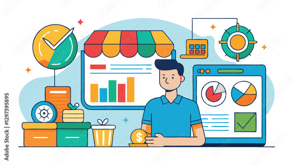 Poster Vector illustration showing a person analyzing data on a computer screen with colorful graphs and various data tools in a bright workspace