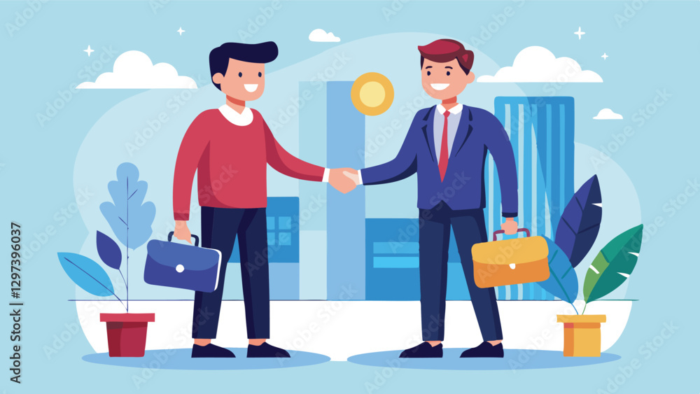 Aufkleber vector illustration of two business professionals shaking hands in a modern office setting, signifyi