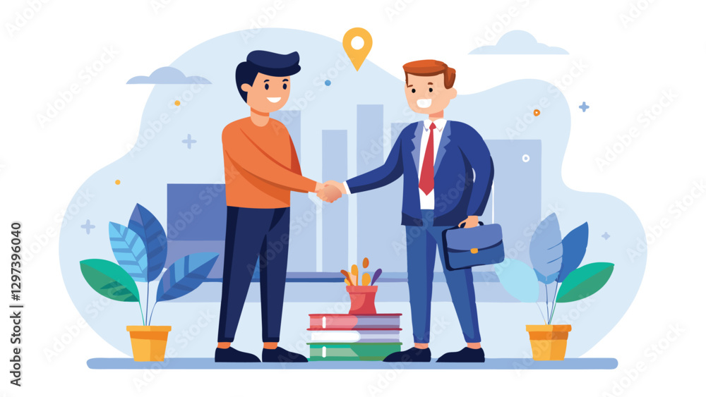 Poster vector illustration of two business professionals shaking hands in a modern office setting, signifyi