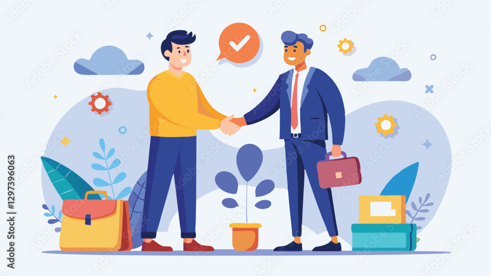 Poster vector illustration of two business professionals shaking hands in a modern office setting, signifyi