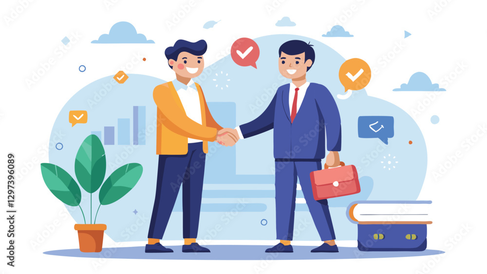 Aufkleber vector illustration of two business professionals shaking hands in a modern office setting, signifyi