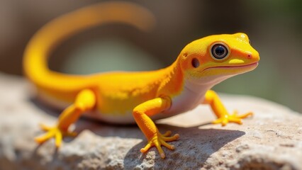 Obraz premium A vibrant orange gecko with large eyes and detailed skin texture, perched on a rock.