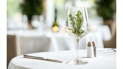 Restaurant table setting with sprig of rosemary in wine glass