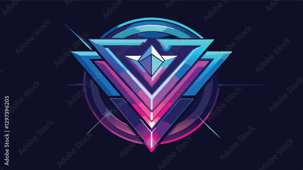 Poster vibrant abstract vector design featuring a symmetrical emblem with angular shapes and wings, suitabl