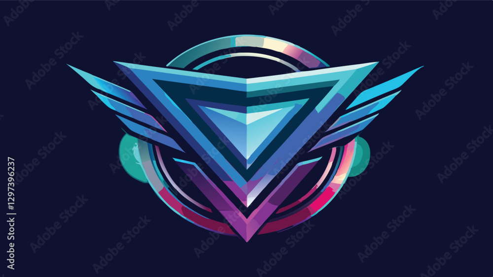 Poster Vibrant abstract vector design featuring a symmetrical emblem with angular shapes and wings, suitable for futuristic themes or technology