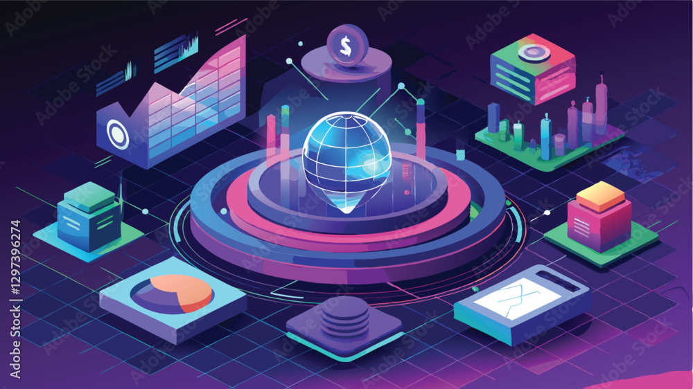 Aufkleber Digital global network illustration featuring charts, data graphs, and financial symbols in a futuristic design set against a dark background