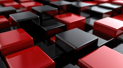 Abstract arrangement of glossy black and red cubes creating a modern artistic pattern
