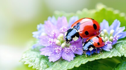 Obraz premium Ladybugs mating on purple flowers, green background, nature