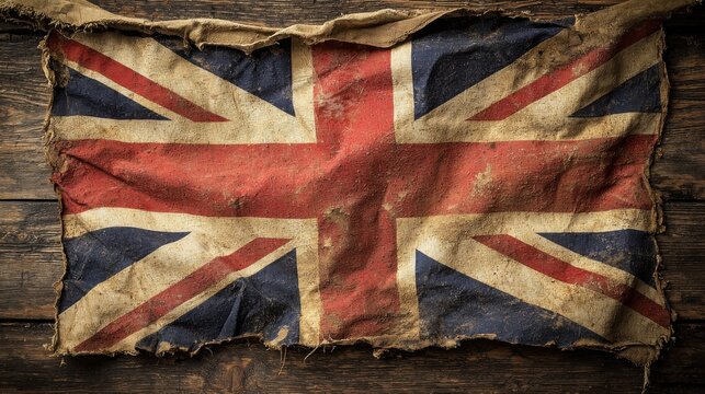A vintage and distressed Union Jack flag displayed on a weathered wooden background, rich with history.