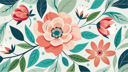 Vibrant floral illustration featuring colorful flowers and lush leaves in a soft background design