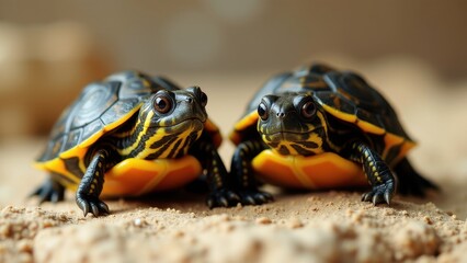 Obraz premium Two newborn box turtles on sandy ground, showcasing their vibrant yellow and black markings.