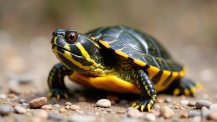 A newborn box turtle with vibrant yellow and black markings is seen on a pebbled surface.