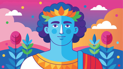 Colorful vector illustration depicting a androgynous figure adorned with rainbow wings and vibrant attire, celebrating diversity and inclusion under a bright sky