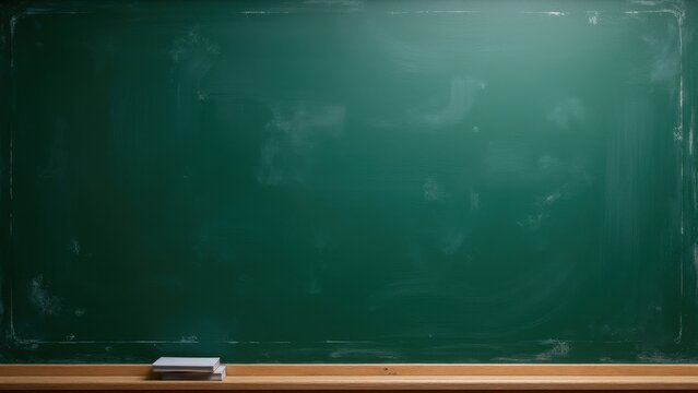 A clean nwc blackboard with a wooden ledge and a stack of books at the bottom, ready for use in a classroom or presentation setting.