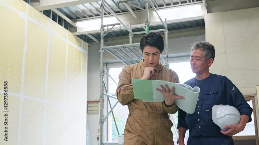 Poster 打ち合わせ、男性、大工、建設、塗装、シニア、工事、現場、建築、職人、工務店、改装、リフォーム、相談、足場、安全、確認、チェック、点検、修繕、修理、仕事、プロ、職業、チームワーク、設計、建築士、設計士、棟梁、親方、鳶、佐官、中小企業、自営業、ニッカポッカ、作業服、施工、業者、解体、日本人、チーム、グループ、住宅、作業員、インフラ、ヘルメット、跡継ぎ、後継者、世代交代、人物