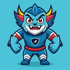 Fototapeta premium Colorful vector illustration of a fierce cartoon character with blue fur, striking a powerful pose, set against a vibrant backdrop