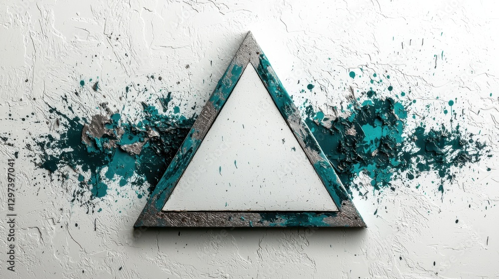 Poster rustic triangle shape on textured wall is accented with splatters of vibrant teal paint.