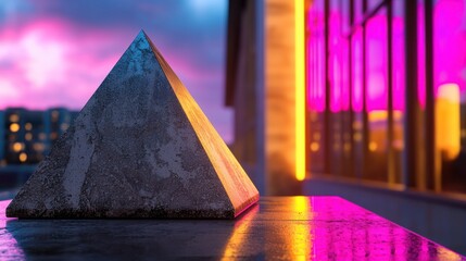 Concrete pyramid sculpture on a reflective surface during a vibrant sunset with city lights