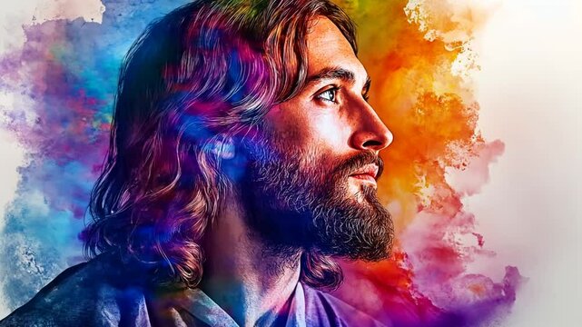 Portrait of a serene man with flowing hair amidst a vibrant abstract background in a rich array of colors